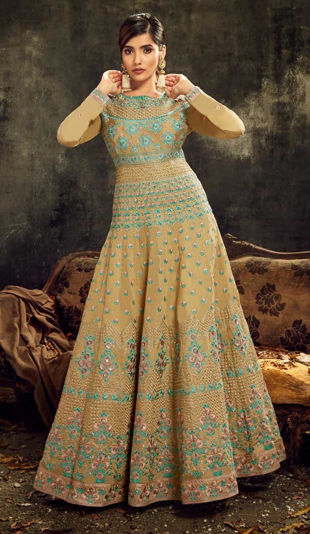 Gorgeous Musterd Color Slub Silk Heavy Designer Abaya Style Anarkali Suit -9300110049