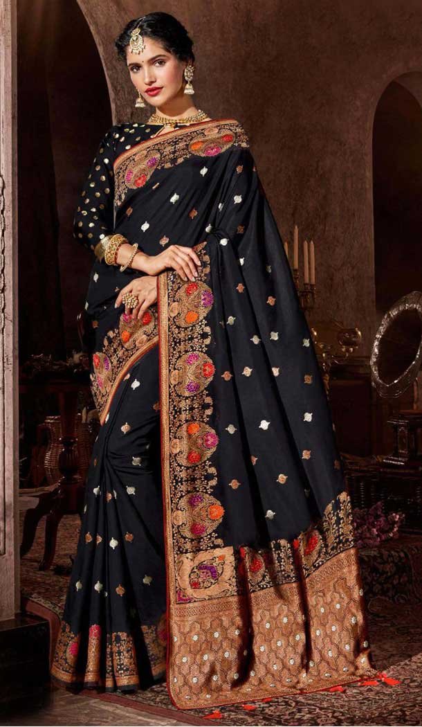 Adorable Black Color Banarasi Fancy Silk Traditional Wear Saree Blouse -9314110182