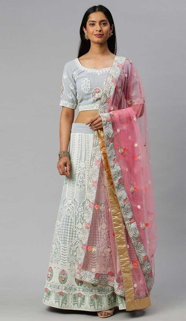 Off White Color Poly Georgette Lakhnavi Work Designer Lehenga Choli -9364110656