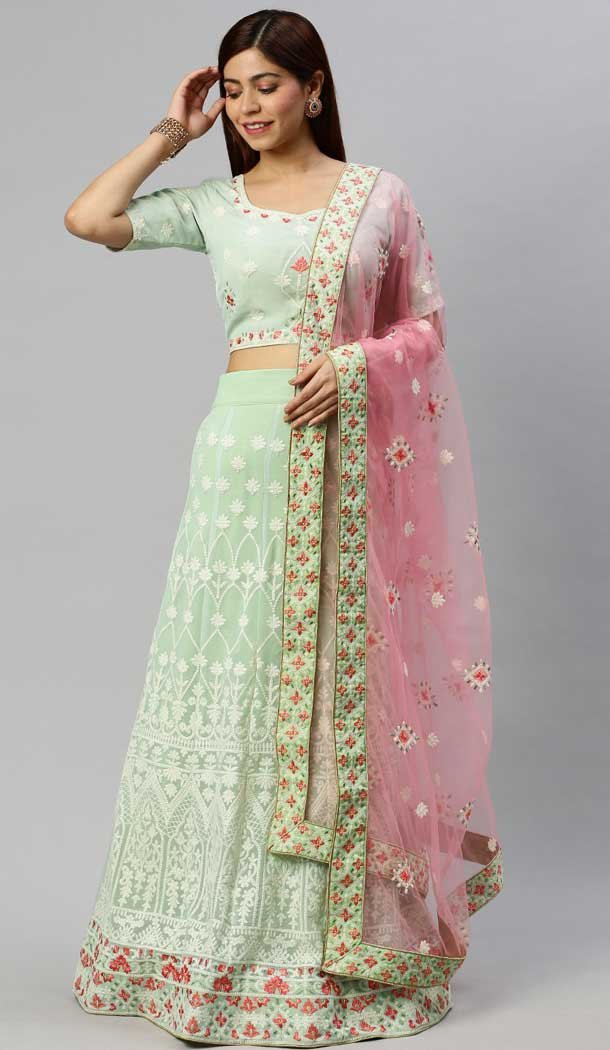 Charming Aqua Color Poly Georgette Lakhnavi Work Designer Lehenga Choli -9364110664