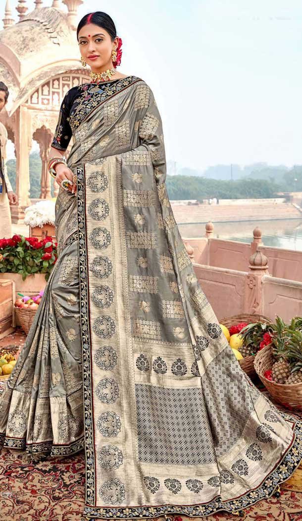 Enigmatic Grey Color Banarasi Fancy Silk Party Wear Saree Blouse -9322110271