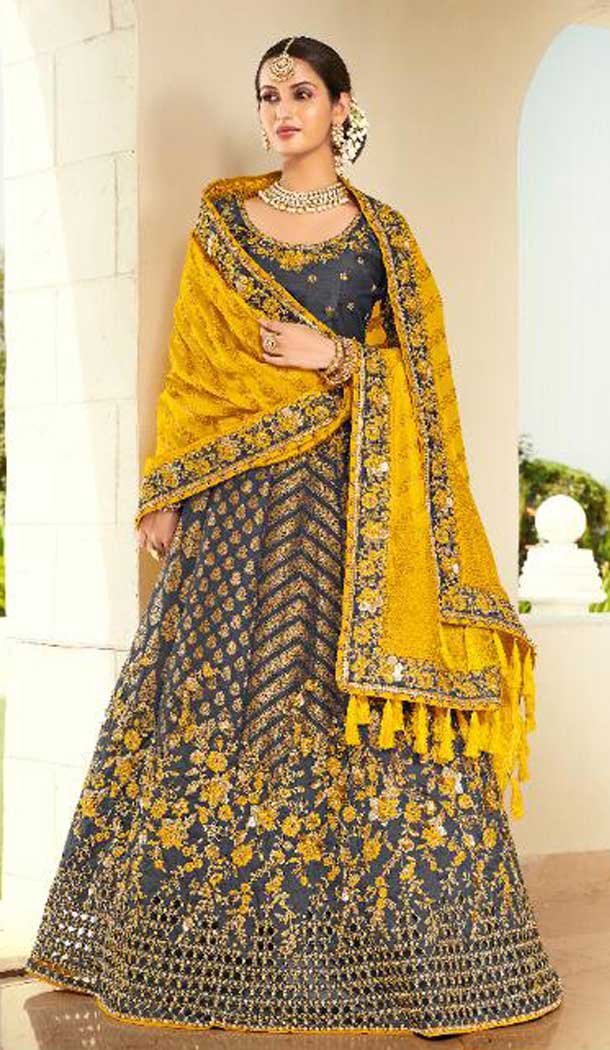 Dark Grey Color Silk Designer Traditional Bridal Wedding Wear Lehenga Choli -9371110745