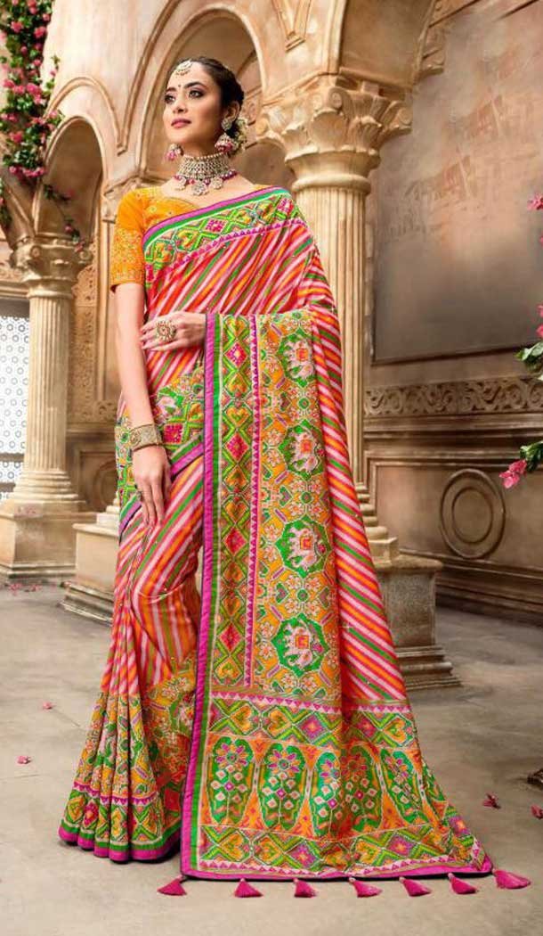 Unique Multi Color Patan Patola Pure Silk Bridal Wedding Wear Saree Blouse -9420111100