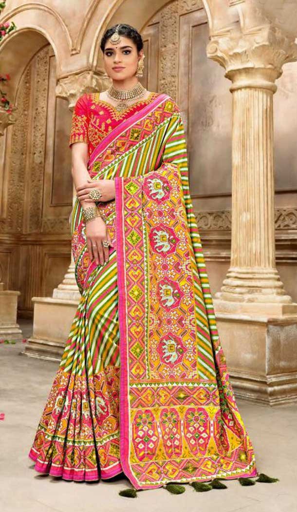 Enigmatic Multi Color Patan Patola Pure Silk Bridal Wedding Wear Saree Blouse -9420111108