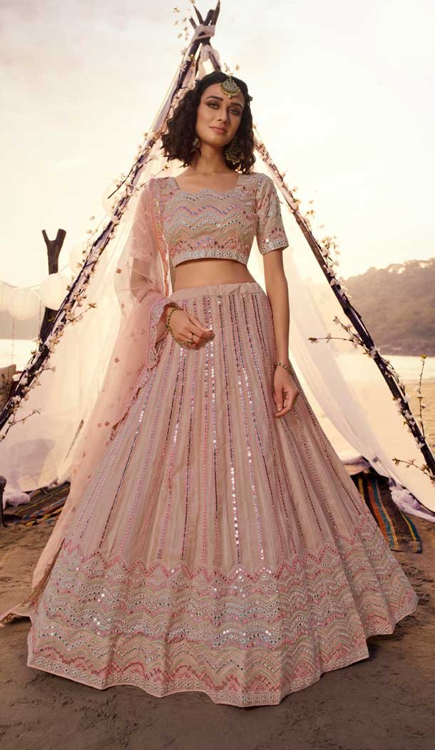 Crepe Pink Color Organza Foil Mirror Work Designer Wedding Lehenga Choli -9438111252
