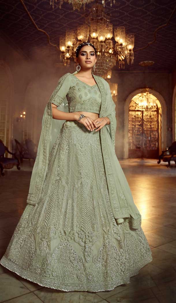 Green Color Soft Net Designer Bridal Wedding Wear Lehenga Choli For Women -9450111389