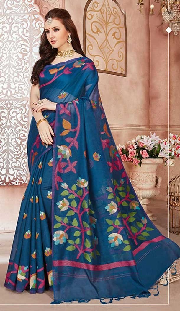 Adorable Blue Color Linen Silk Designer Casual Wear Saree Blouse -9487111709