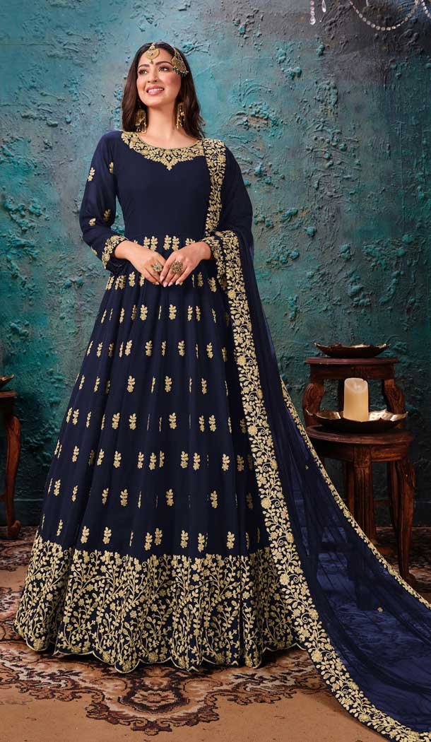 Navy Blue Color Georgette Eid Festive Wear Long Pakistani Salwar Kameez -9521111933