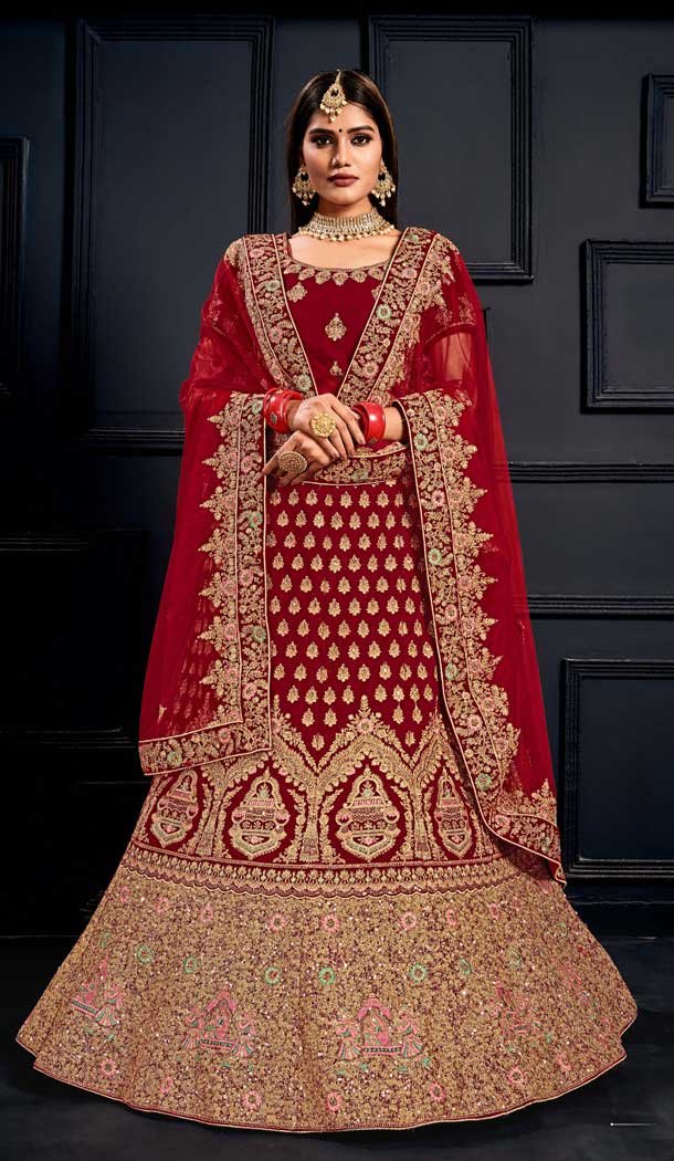 Magnificient Red Color Velvet Heavy Designer Bridal Wedding Wear Lehenga Choli -9541112158