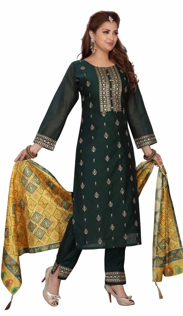 Dark Green Color Chanderi Silk Readymade Party Wear Plus Size Salwar Suit -9549112254