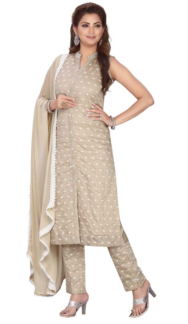 Beige Color Chanderi Silk Readymade Party Wear Plus Size Salwar Suit -9549112260