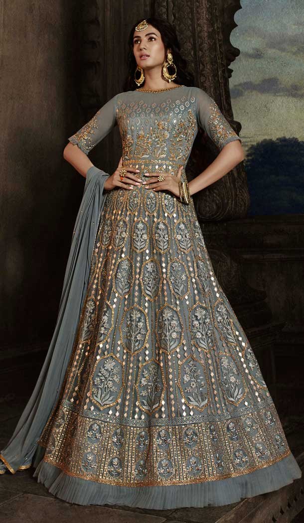 Pretty Grey Color Net Designer Heavy Pakistani Style Aanarkali Salwar Suit -9560112336