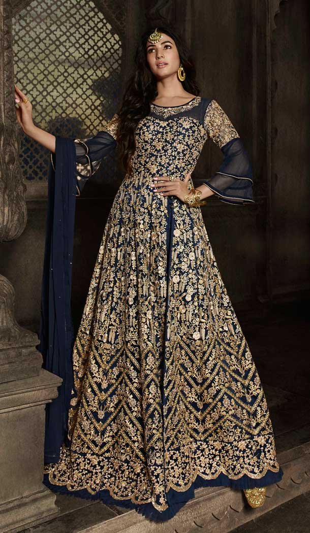 Navy Blue Color Net Designer Heavy Pakistani Style Aanarkali Salwar Suit -9560112340