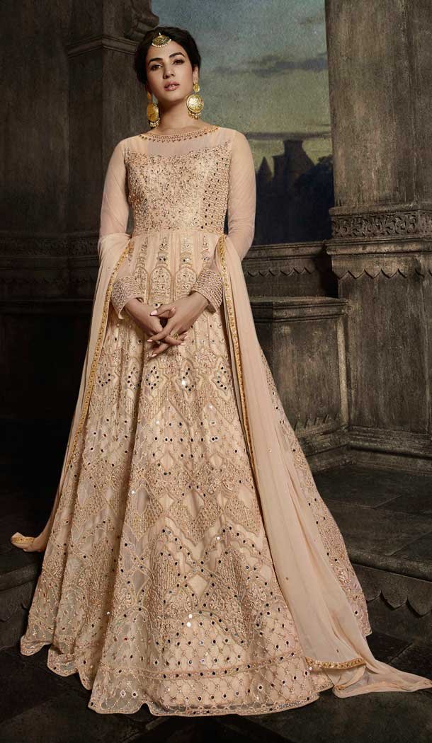 Peach Color Net Designer Heavy Pakistani Style Aanarkali Salwar Suit -9560112341