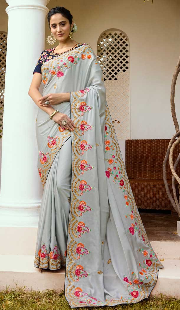 Grey Color Barfi Heavy Resham Embroidred Party Wear Saree Blouse -9602112745