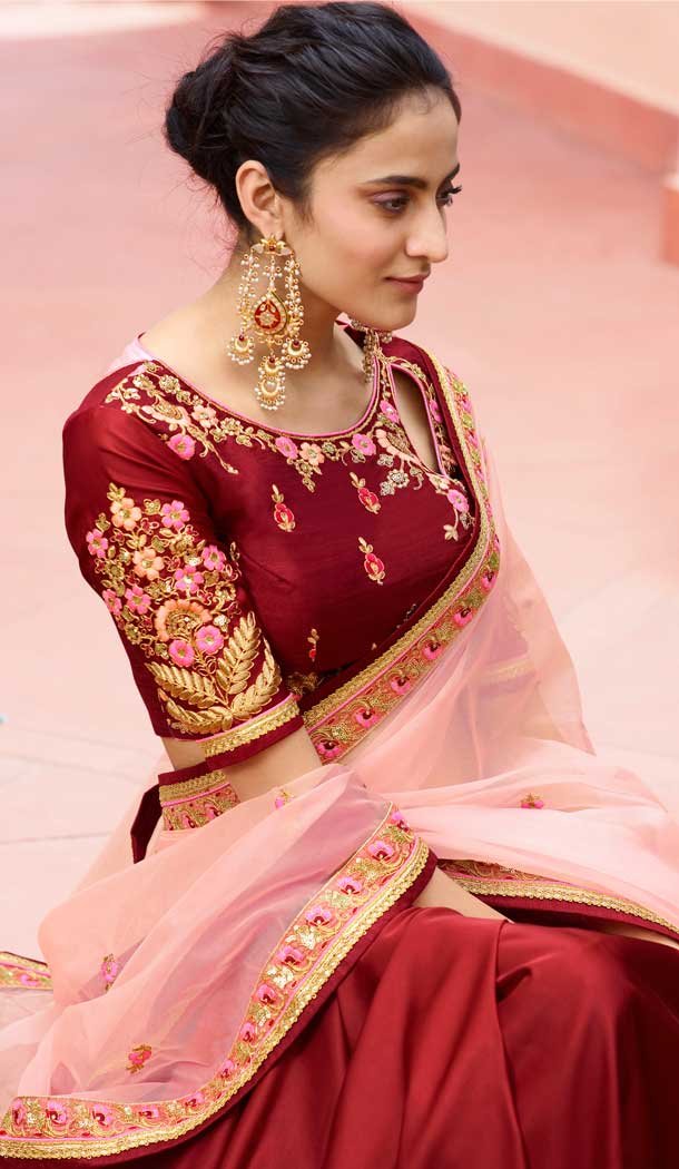 Maroon Pink Color Nylone Tissue Resham Embroidred Party Wear Saree Blouse -9602112746