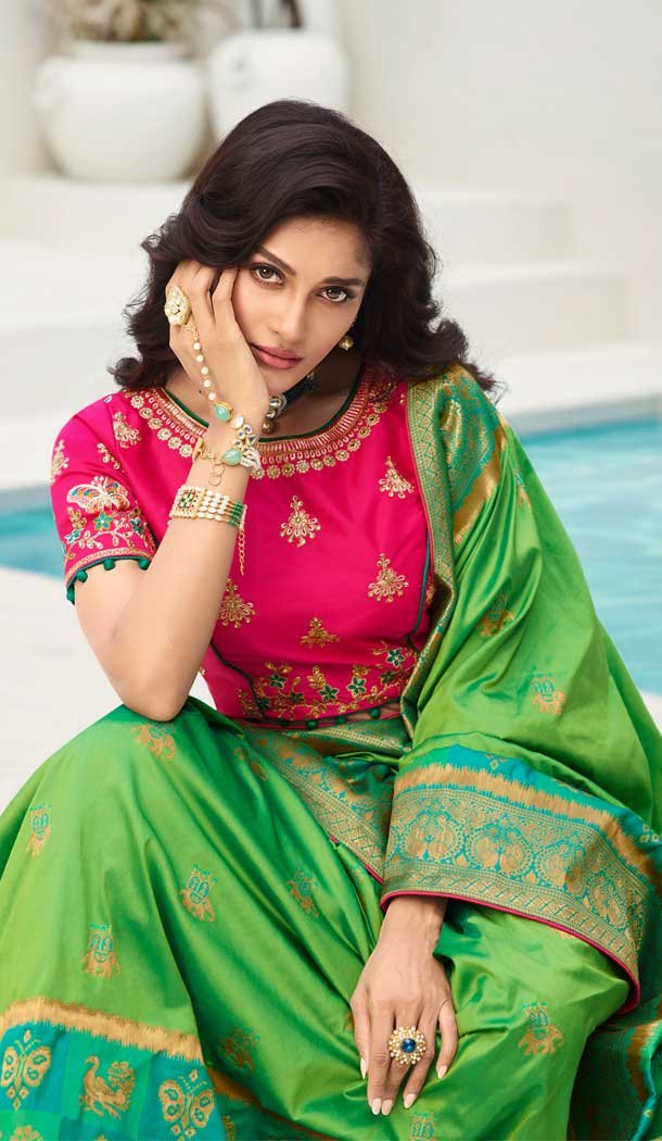 Green Color Banarasi Silk Heavy Designer Traditional Wear Saree -9629113028