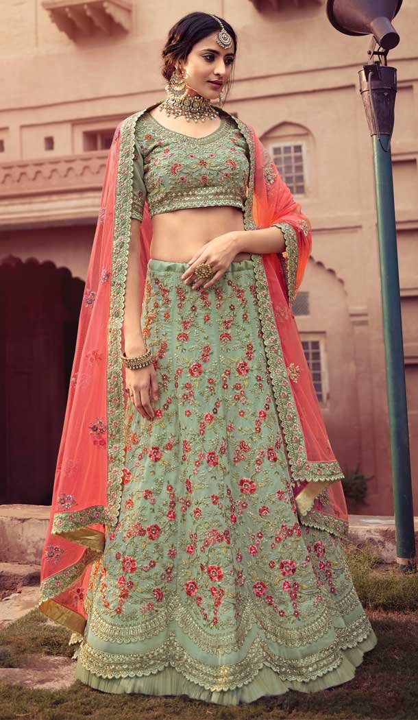 Pista Color Georgette Bridal Designer Wedding Wear Lehenga Choli -9641113170