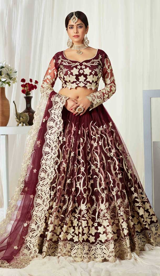 Captivating Maroon Color Butterfly Net Designer Wedding Wear Lehenga Choli -9647113246
