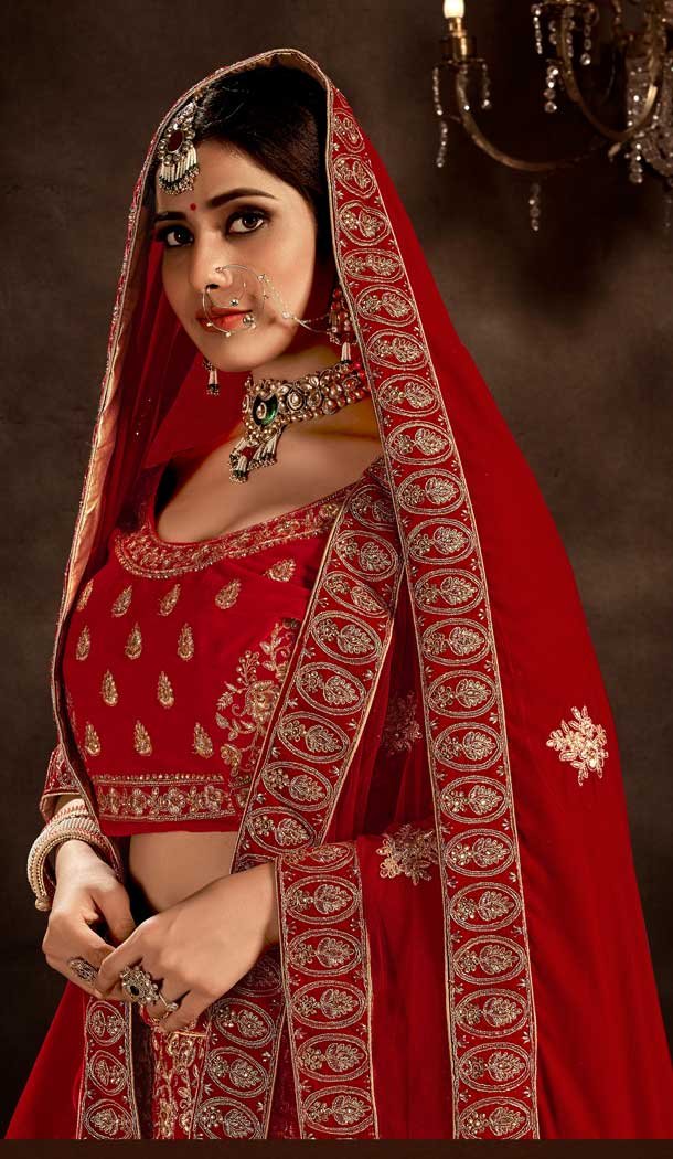 Fascinating Red Color 9000 Velvet Bridal Wedding Wear Premium Lehenga Choli -9707114059
