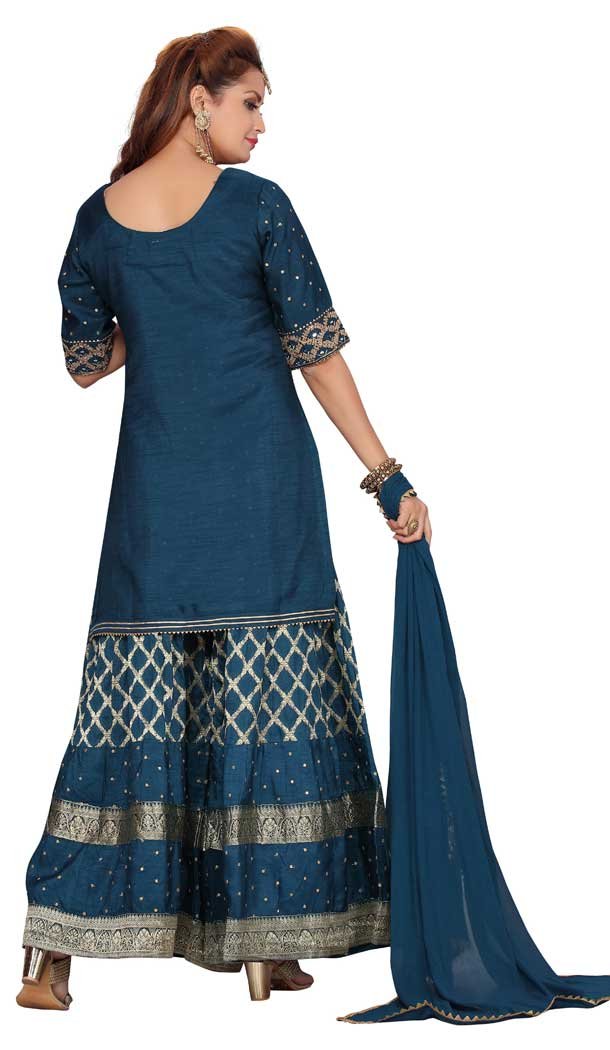 Peacock Blue Color Banarasi Silk Designer Readymade Plus Size Salwar Kameez -9656113303