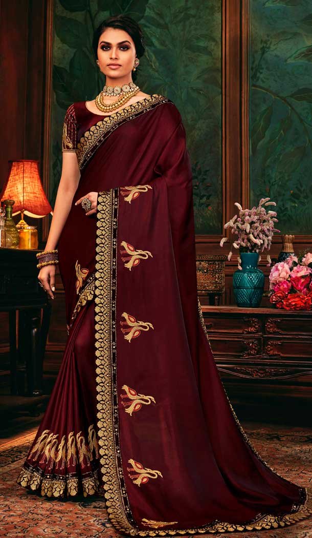 Maroon Color Silk Embroidered Traditional Party Wear Saree Blouse -9735114357
