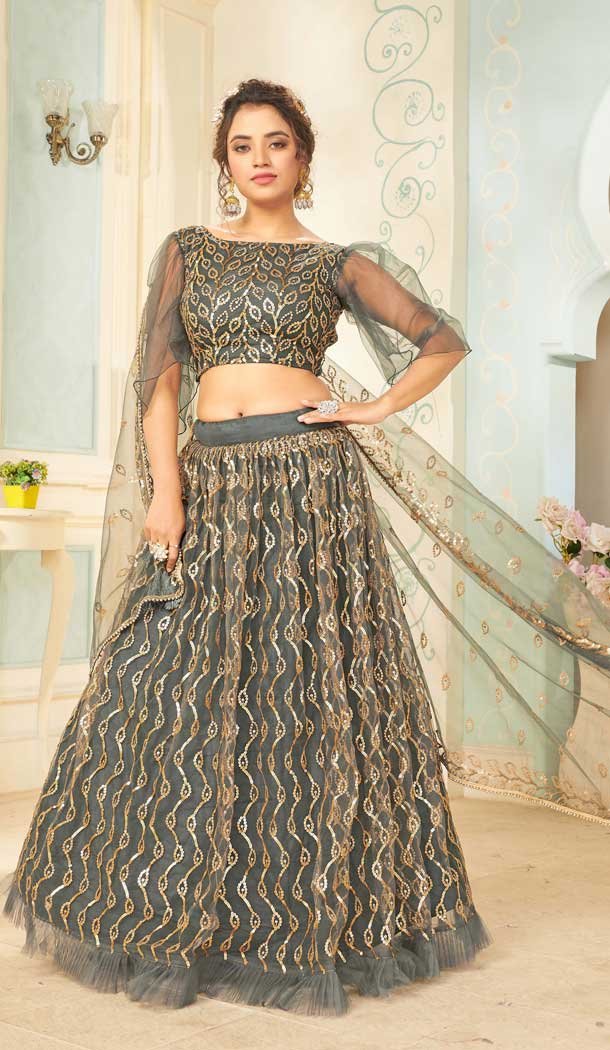Dark Grey Color Soft Net Designer Party Wear Fancy Lehenga Choli -9739114434