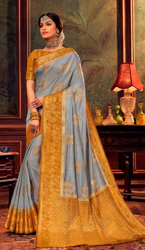 Grey Color Dola Silk Weaving Work Traditional Party Wear Saree Blouse -9741114444