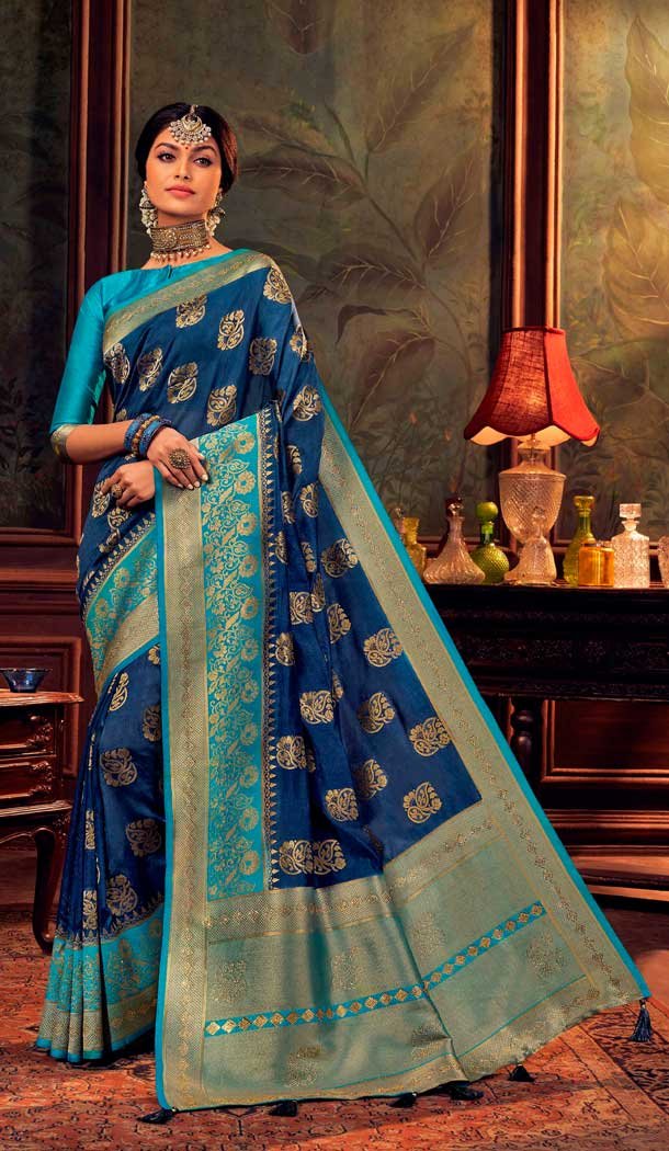 Blue Color Dola Silk Weaving Work Traditional Party Wear Saree Blouse -9741114446