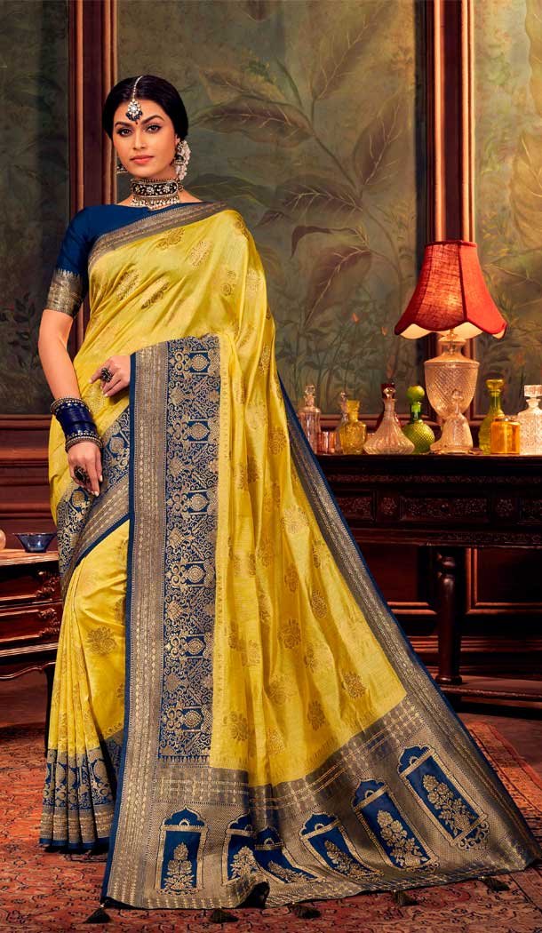Yellow Color Dola Silk Weaving Work Traditional Party Wear Saree Blouse -9741114447