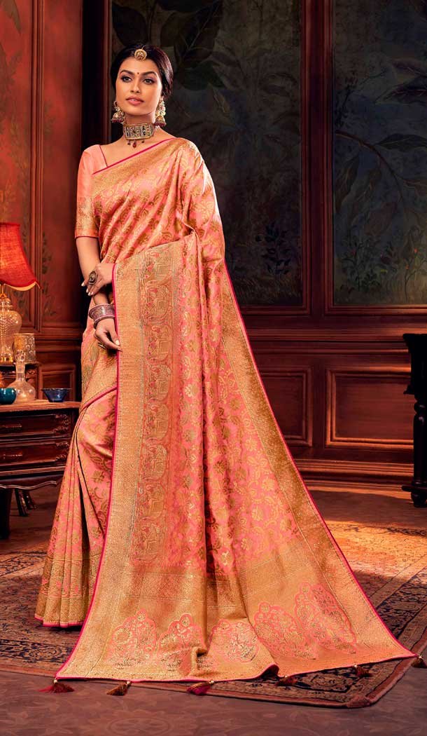 Peach Color Dola Silk Weaving Work Traditional Party Wear Saree Blouse -9741114451