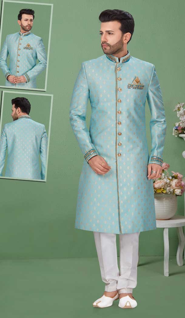 Sea Blue Color Banarasi Jacquard Readymade Wedding Sherwani for Groom -9759114685