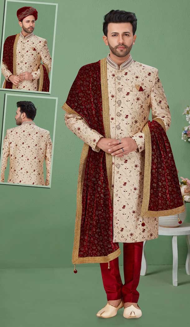 Light Gold Color Banarasi Jacquard Readymade Mens Wedding Sherwani for Groom -9759114695