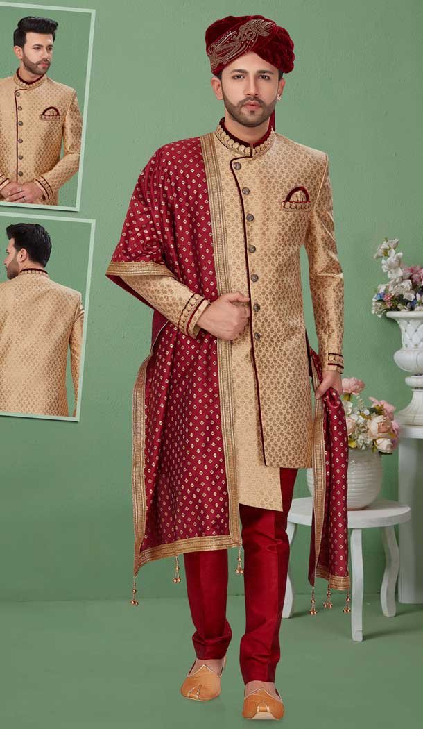 Beige Color Banarasi Jacquard Readymade Mens Wedding Sherwani for Groom -9759114696