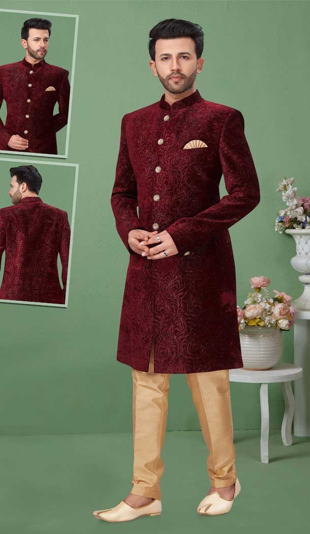 Maroon Color Imported Velvet Readymade Mens Wedding Sherwani for Groom -9759114703