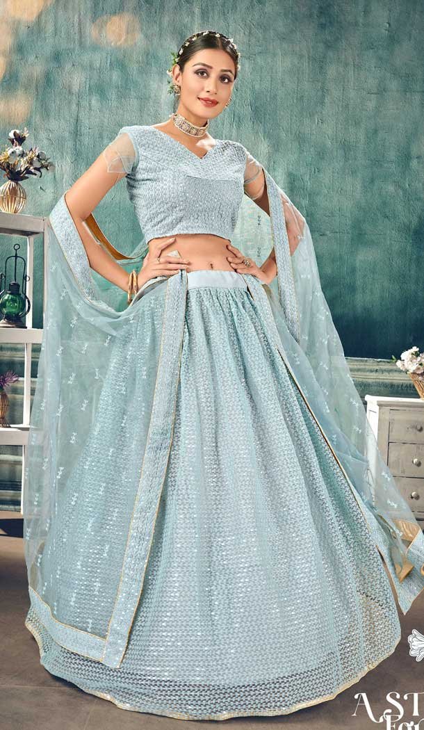 Divine Aqua Color Soft Net Lucknowi Work Party Wear Lehenga Choli -9800115243
