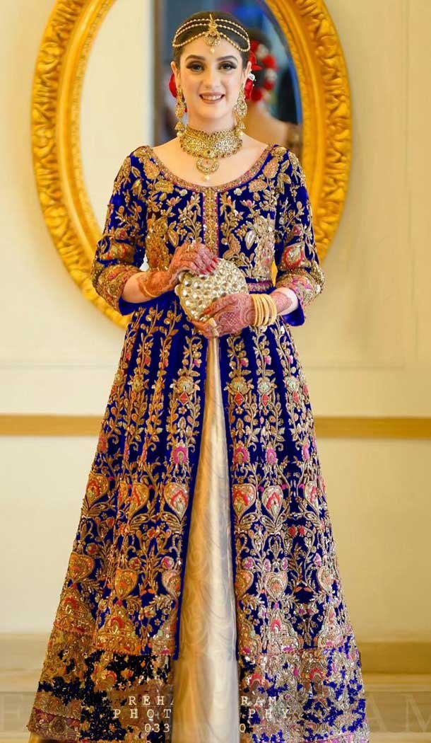 Blue Color Markable Velvet Designer Party Wear Indo Western Lehenga Suit -9801115248