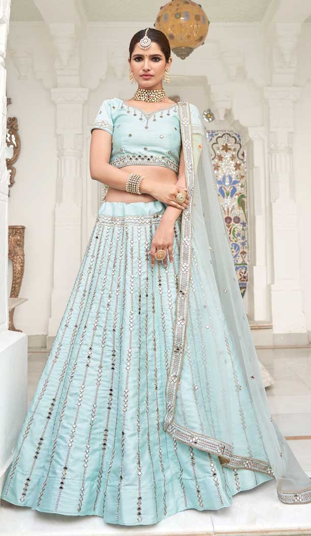 Ice Blue Color Heavy Silk With Fusing Bridal Wedding Wear Lehenga Choli -9819115367
