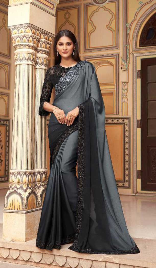 Grey Color Two Tone Georgette Shaded Embroidered Party Wear Saree Blouse -9890115876
