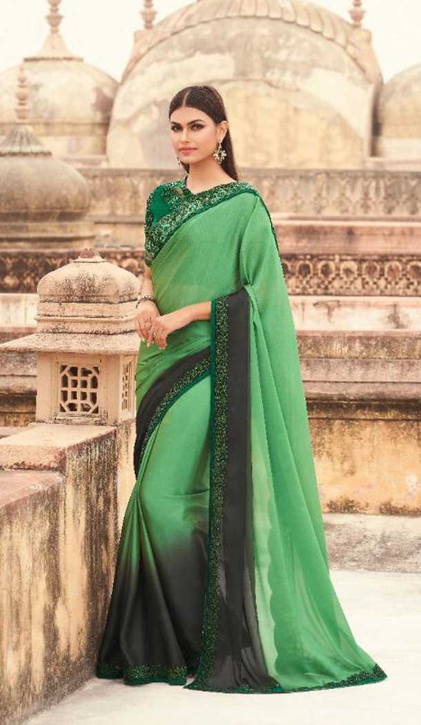 Green Color Two Tone Georgette Shaded Embroidered Party Wear Saree Blouse -9890115878