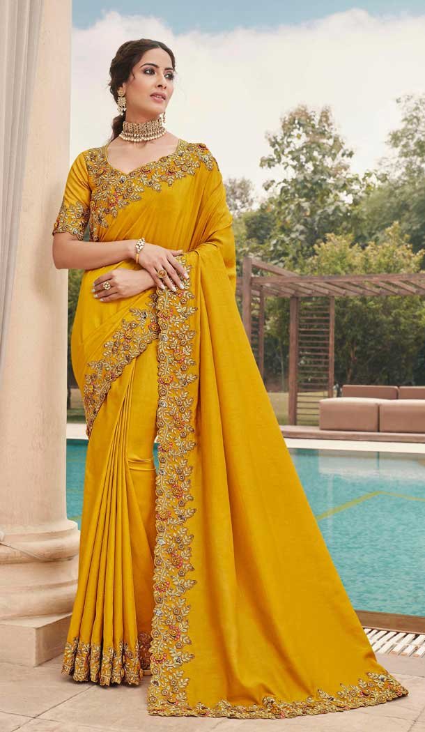 Yellow Color Satin Georgette Designer Party Wear Women Saree Blouse -9938116399