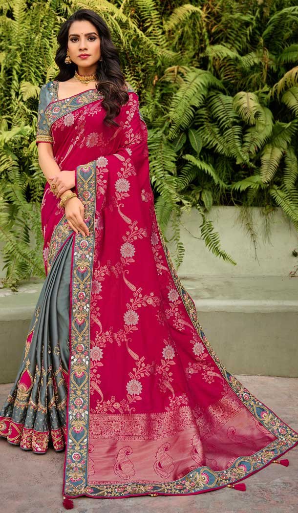 Pink Grey Color Silk Traditional Designer Party Wear Saree Blouse -9974116732
