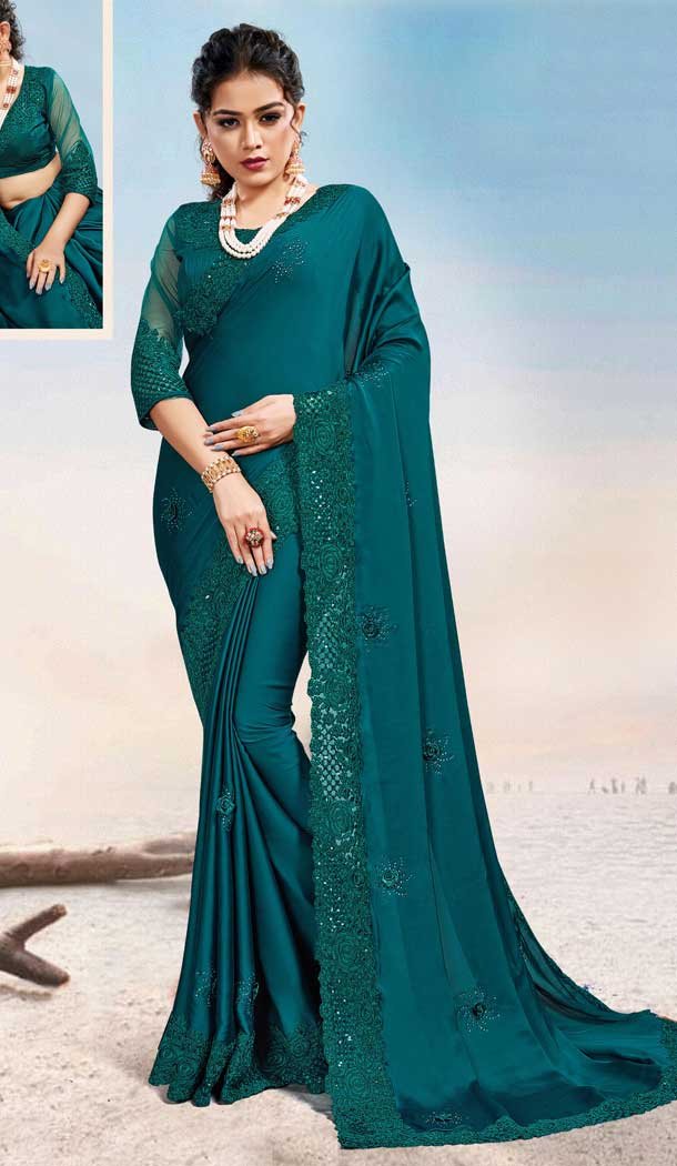 Teal Blue Color Two Tone Satin Silk Traditional Wear Designer Saree Blouse -9998116969