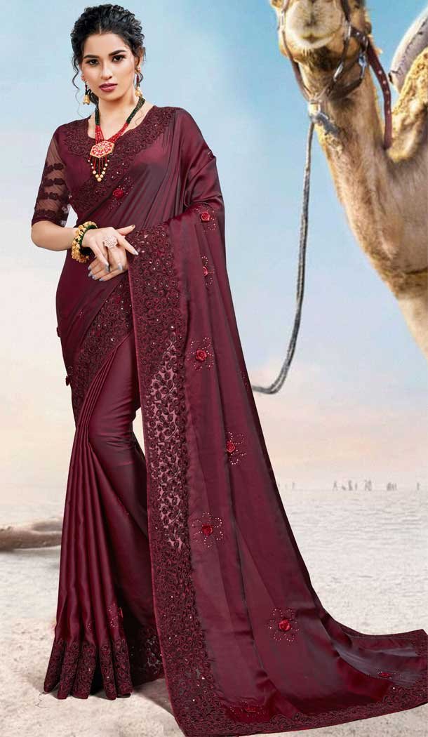 Dark Maroon Color Two Tone Silk Satin Traditional Wear Designer Saree Blouse -9998116979
