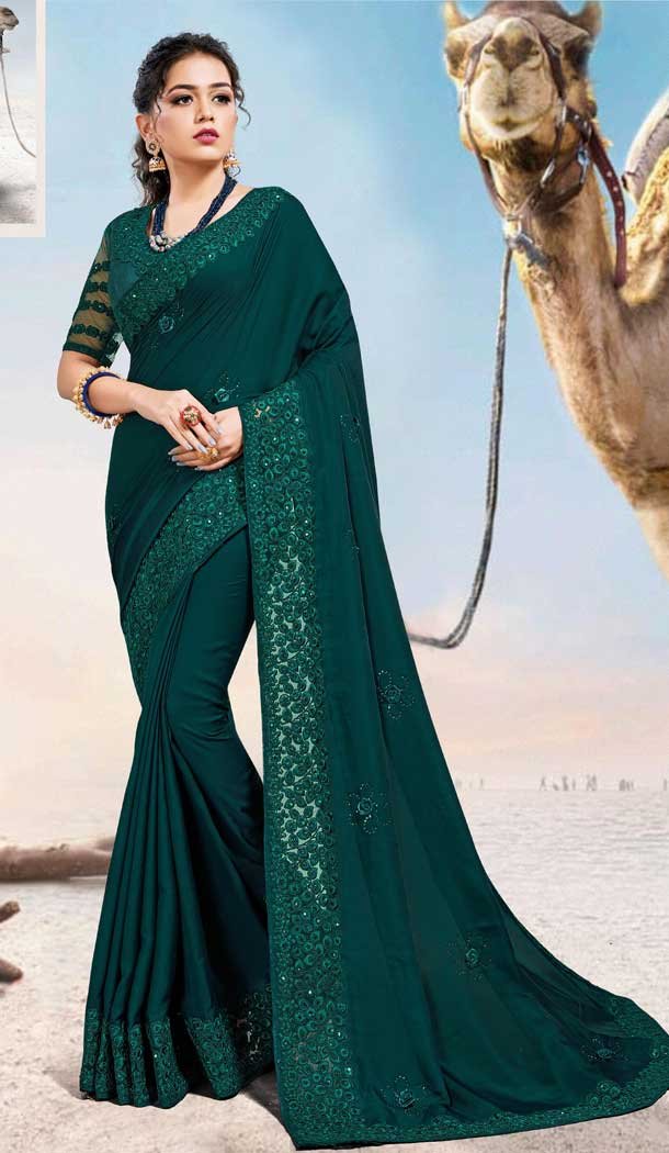 Rama Green Color Two Tone Silk Satin Traditional Wear Designer Saree Blouse -9998116981