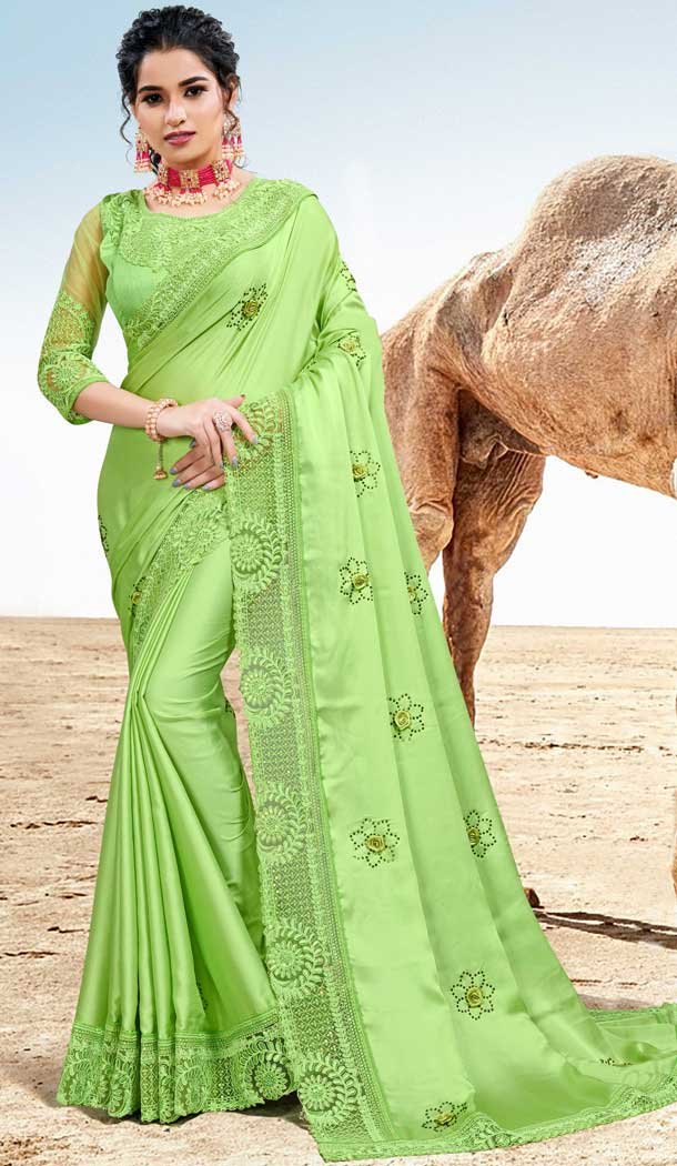 Pista Color Two Tone Silk Satin Traditional Wear Designer Saree Blouse -9998116985