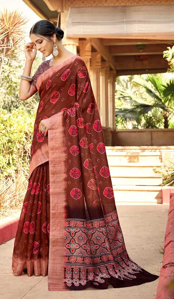 Brown Color Linen Digital Printed Work Casual Office Party Wear Saree Blouse -018117340