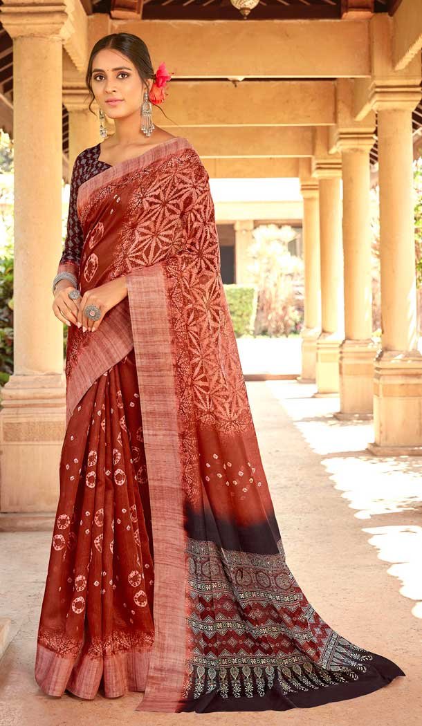 Light Brown Color Linen Digital Printed Work Casual Office Party Wear Saree Blouse -018117345