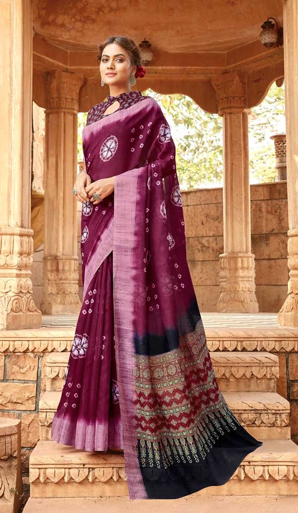 Violet Color Linen Digital Printed Work Casual Office Party Wear Saree Blouse -018117349
