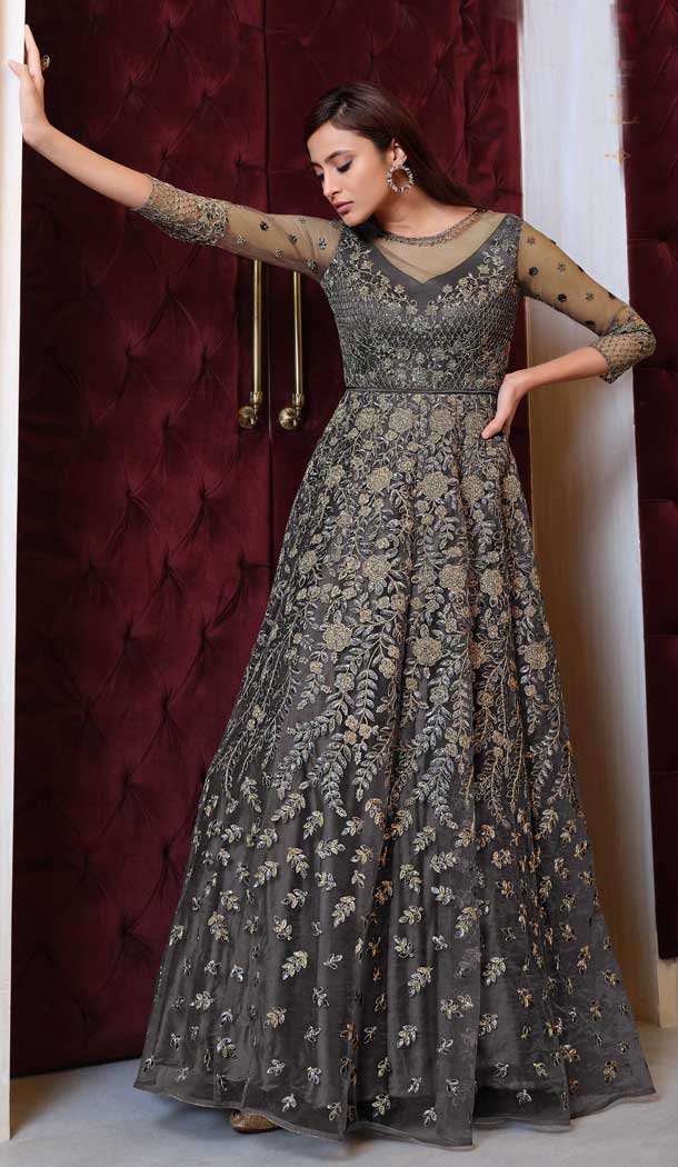 Grey Color Net Heavy Designer Bridal Party Wear Indo Western Suit -007117074